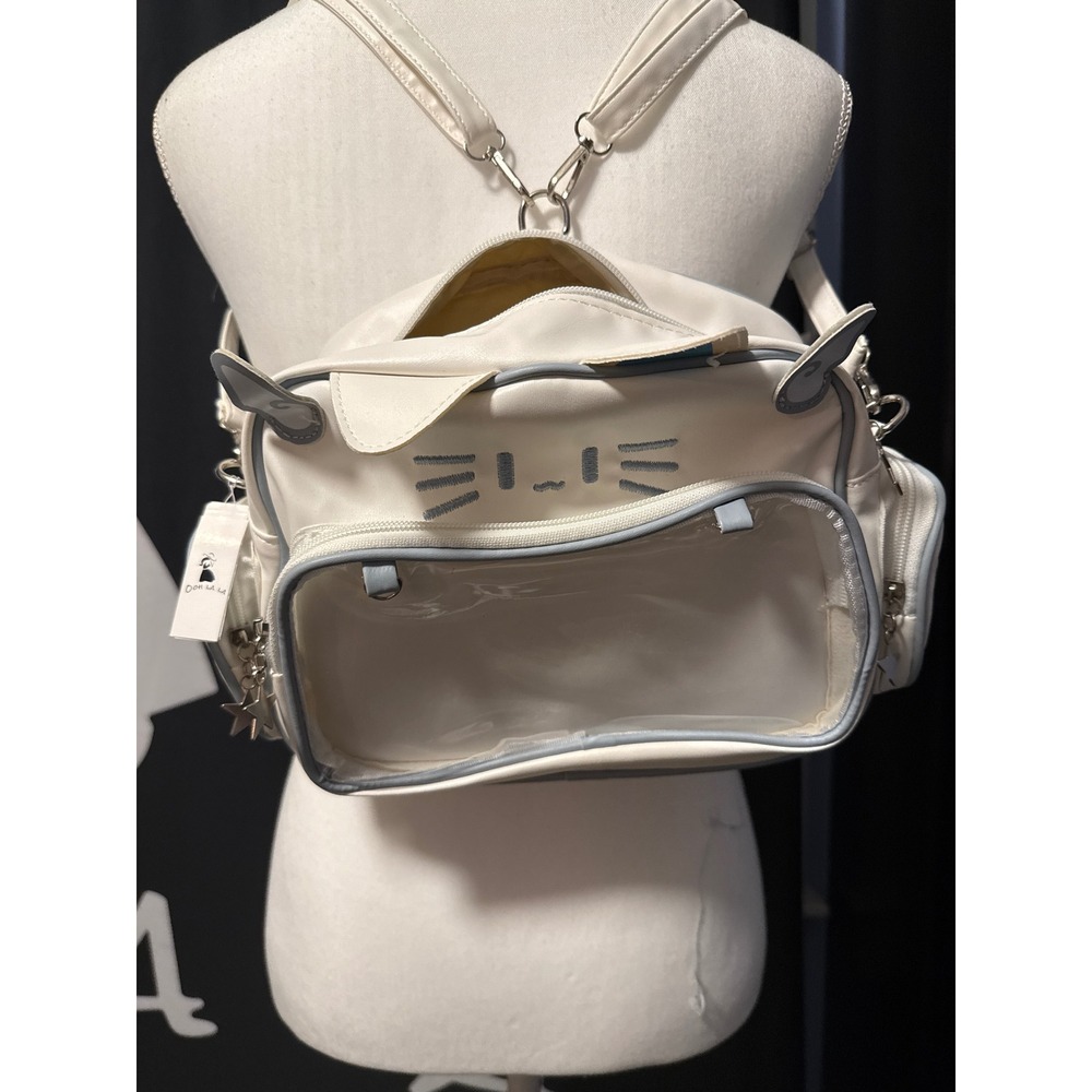 Kawaii Cat Ita Bag White Faux Leather Convertible Backpack Crossbody Pin Display - Picture 6 of 6
